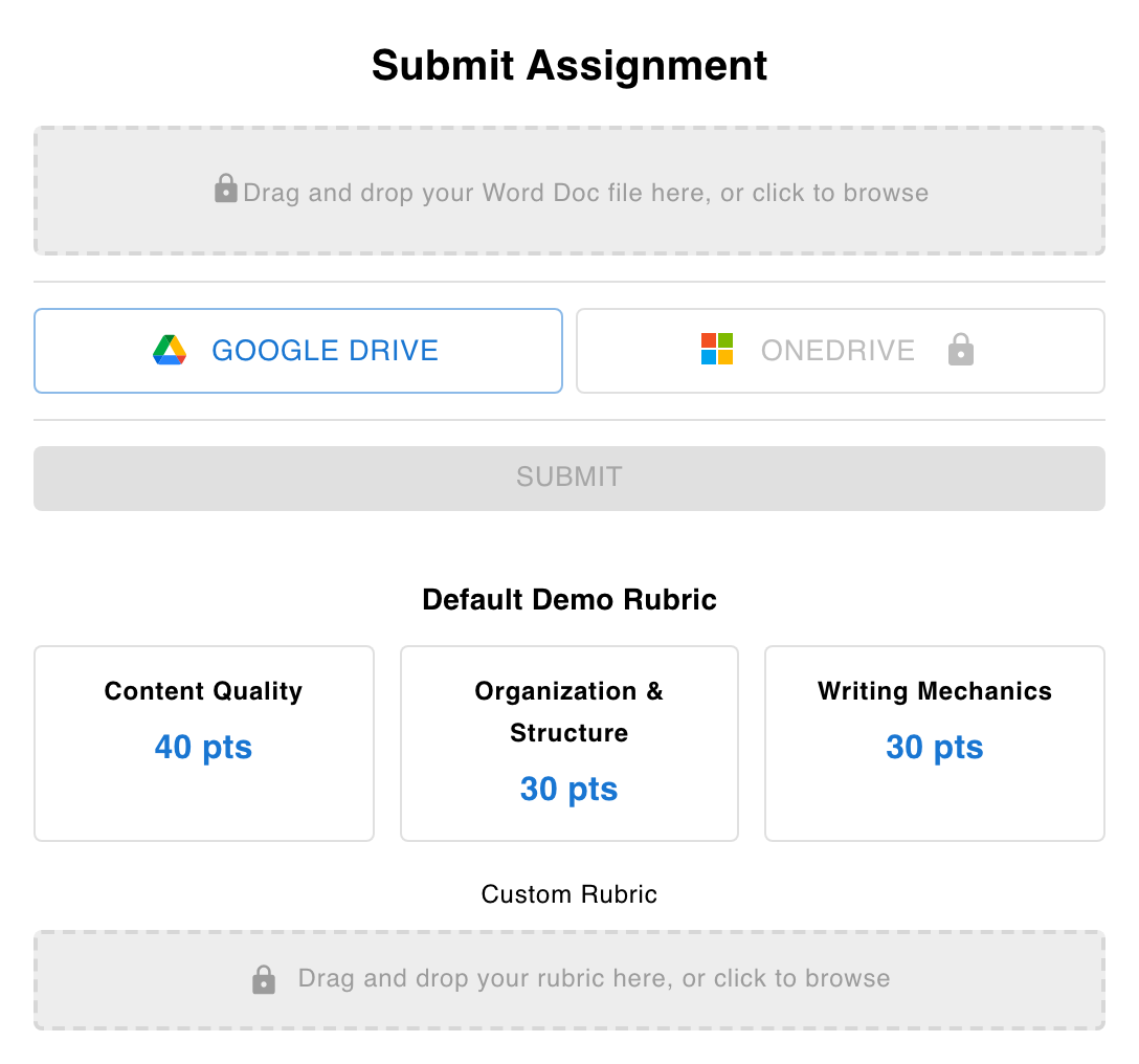 The Submit Assignment box with Word doc upload, Google Drive, and OneDrive options