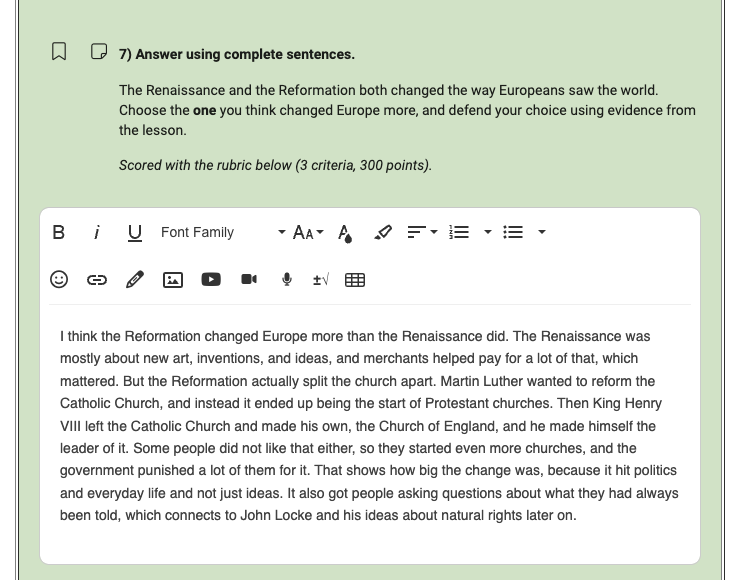 A regular Buzz essay question with a typed answer