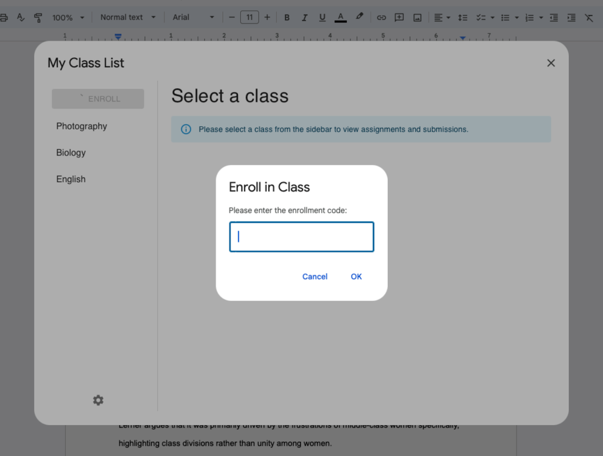 Student enrollment process using teacher-provided enrollment code