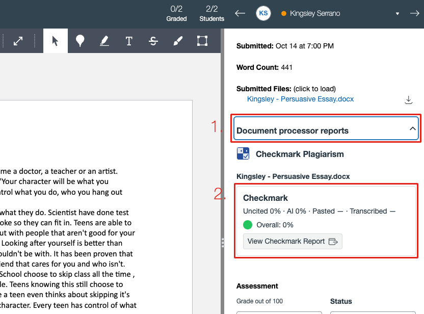 SpeedGrader with Document processor reports marked 1 and the Checkmark card marked 2