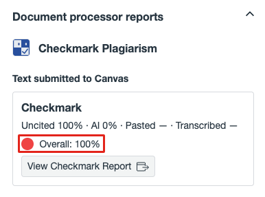 A Checkmark card for a text entry with a red dot next to Overall: 100%
