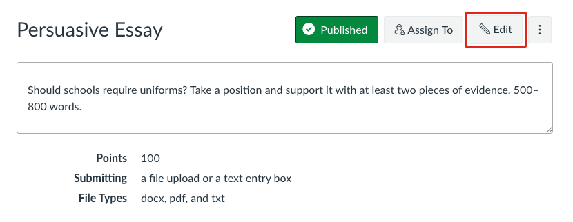 A Canvas assignment page with the Edit button outlined in red