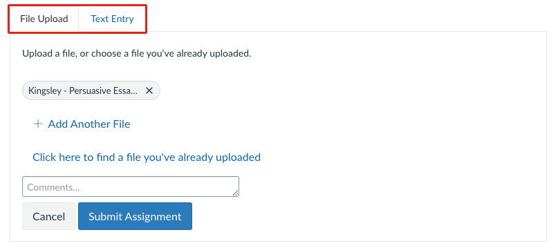 The Canvas submission form with the File Upload and Text Entry tabs outlined in red