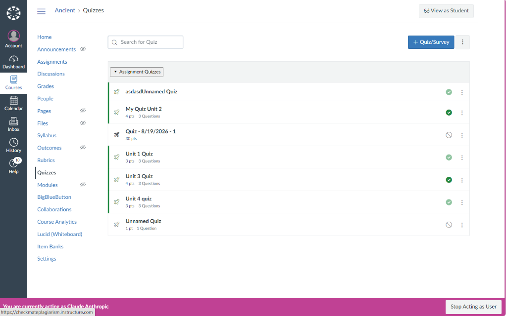 Canvas Quizzes: Click + Quiz/Survey button in top right to create a new quiz