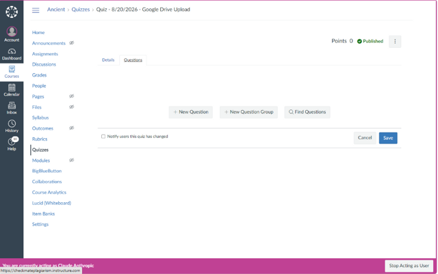 Questions Tab: Click + New Question to add standard Canvas questions
