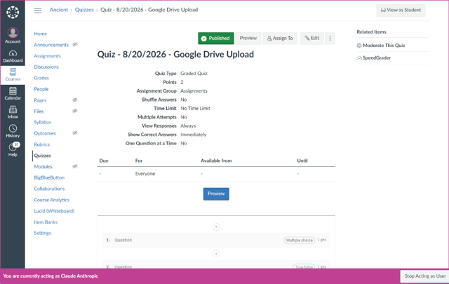 Quiz Overview: Published Classic Quiz showing settings and questions
