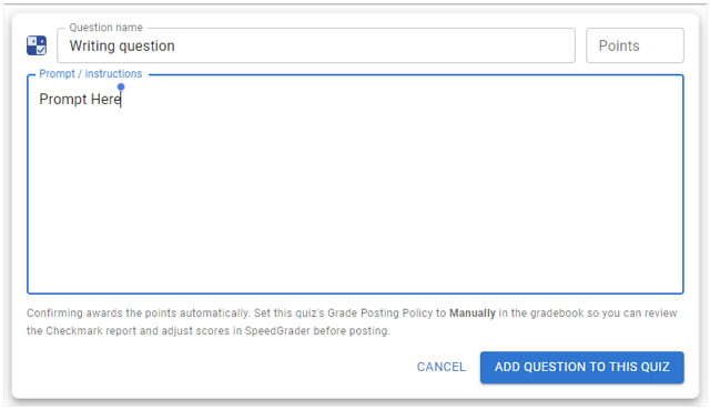 Checkmark Question Builder: Enter Question name, Points, and Prompt