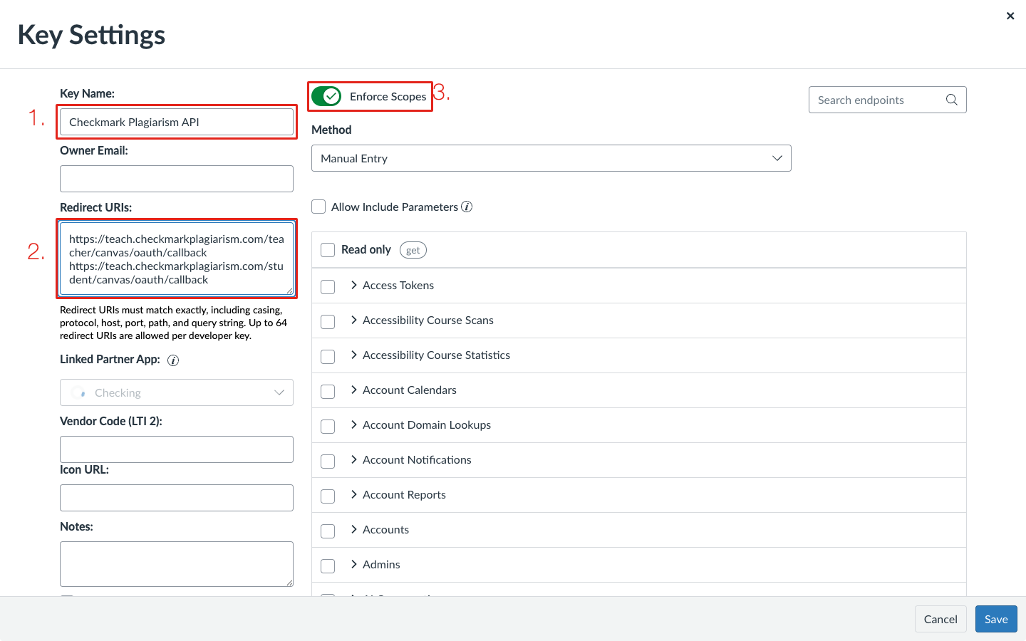 The Canvas API key form with Key Name, Redirect URIs and Enforce Scopes marked 1 to 3