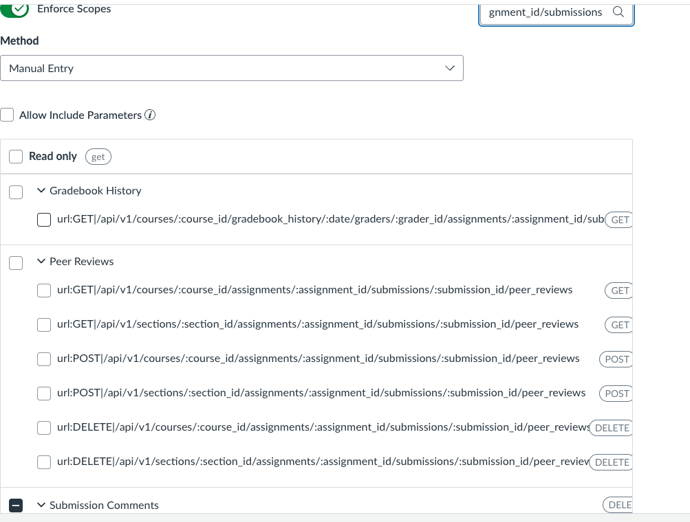Searching the scope list for submissions endpoints in the Canvas API key form