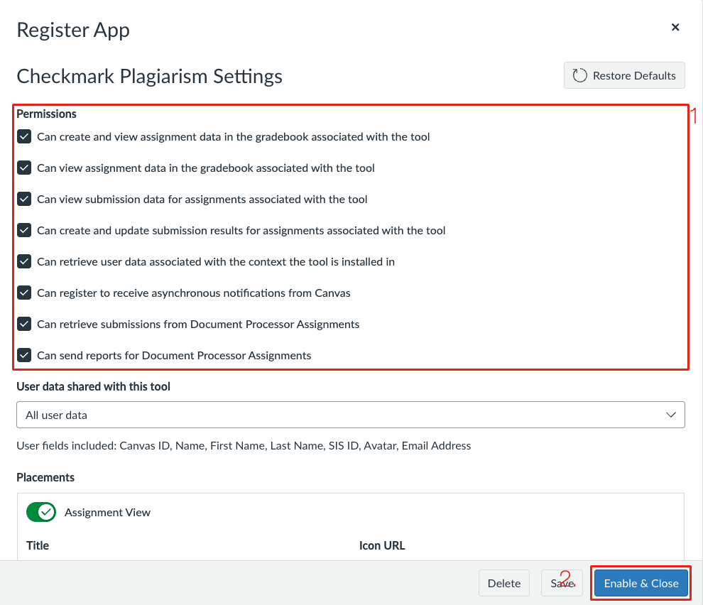 Checkmark Plagiarism Settings with the permissions marked 1 and Enable & Close marked 2