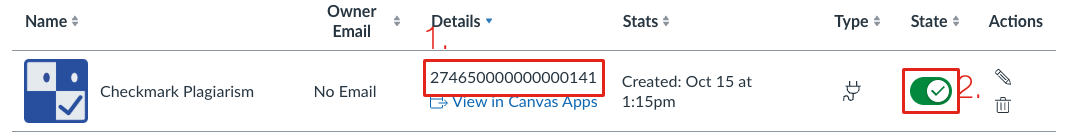 The Checkmark key in the list with its Client ID marked 1 and the State switch marked 2