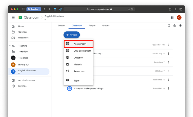 Creating or editing an assignment in Google Classroom