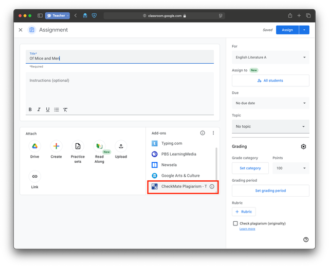 Finding the Add-ons section in Google Classroom