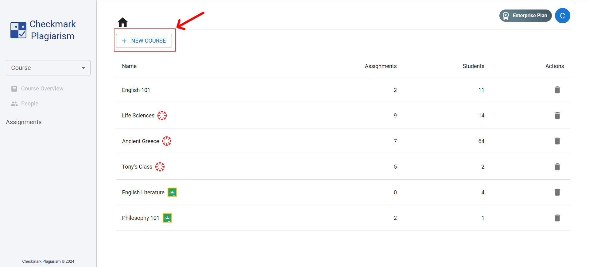 Clicking New Course button in Checkmark Plagiarism web app