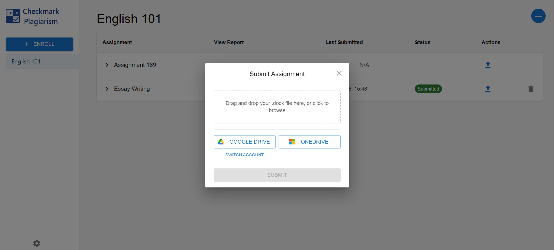 Student view of the submission portal