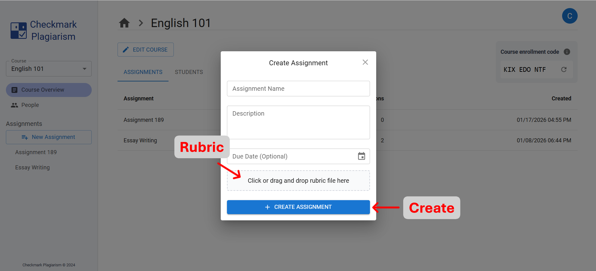 Entering assignment details and uploading rubric files