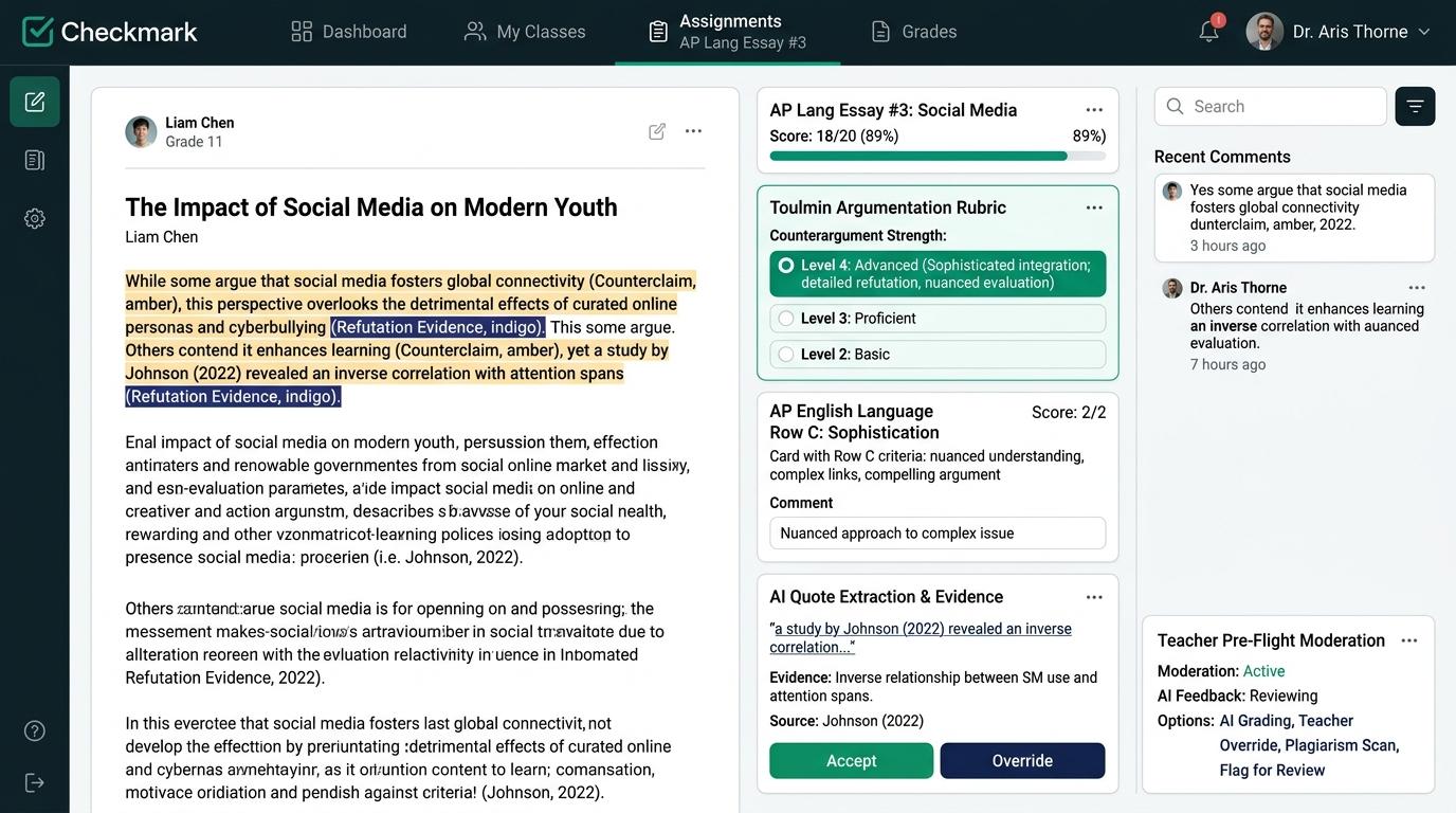 Can AI Rubric Autograding Highlight Evidence for Counterargument Strength in Persuasive Essays? | Checkmark Plagiarism