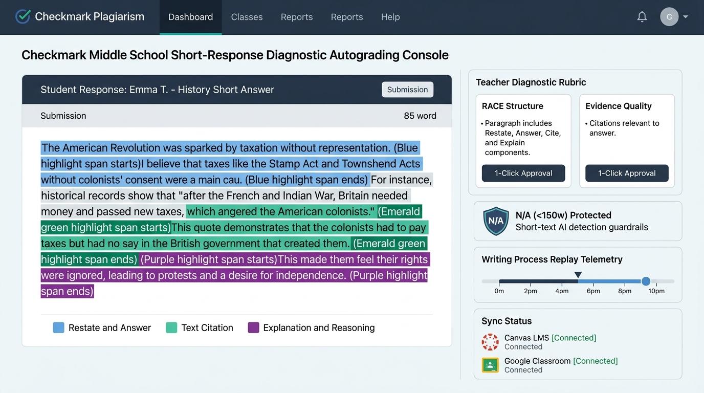 How Can Middle School Team Leads Use Teacher-Controlled Autograding to Accelerate Short-Response Diagnostic Feedback? | Checkmark Plagiarism