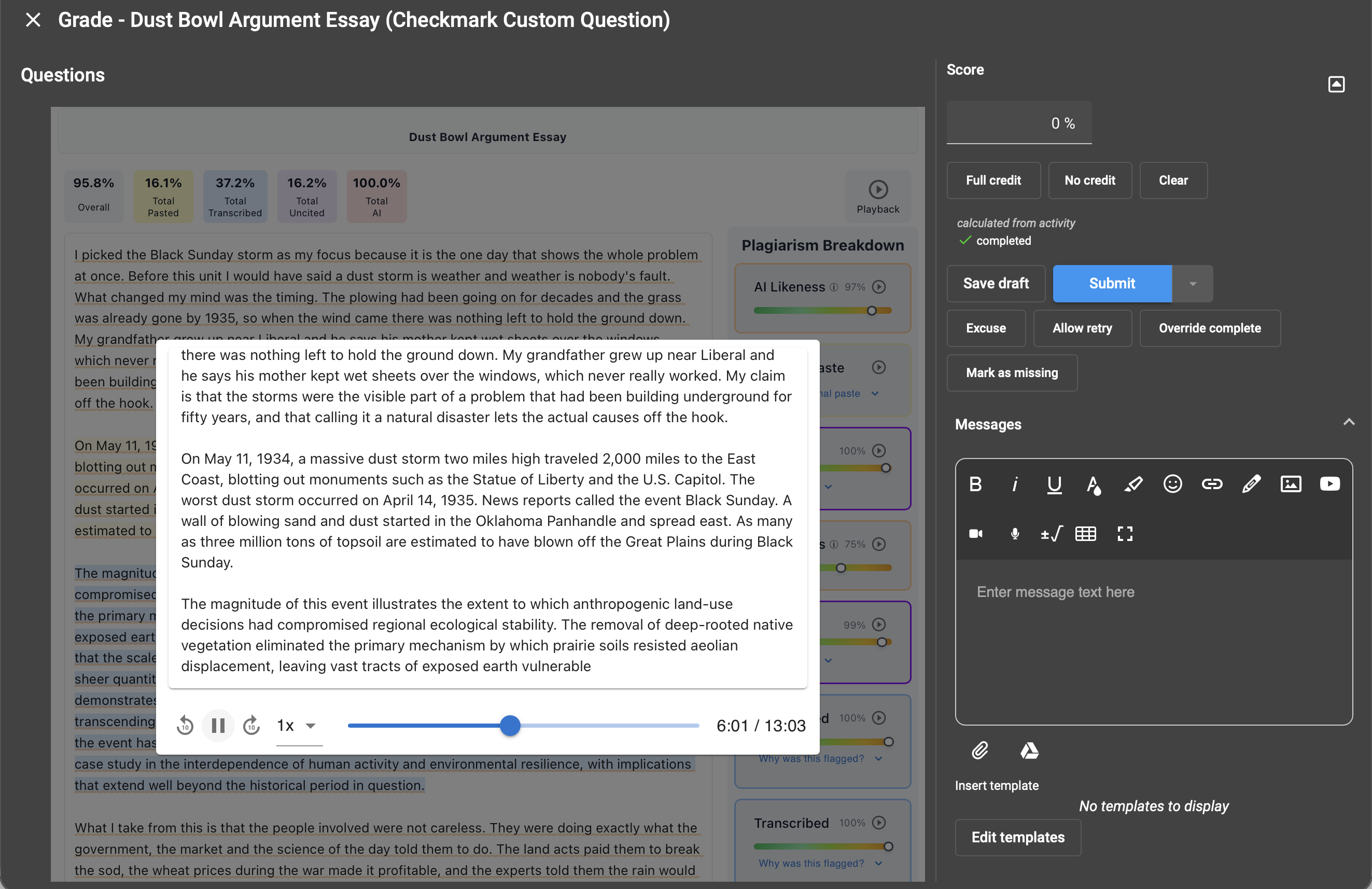 Playback replaying a student's writing session inside the Buzz grading view