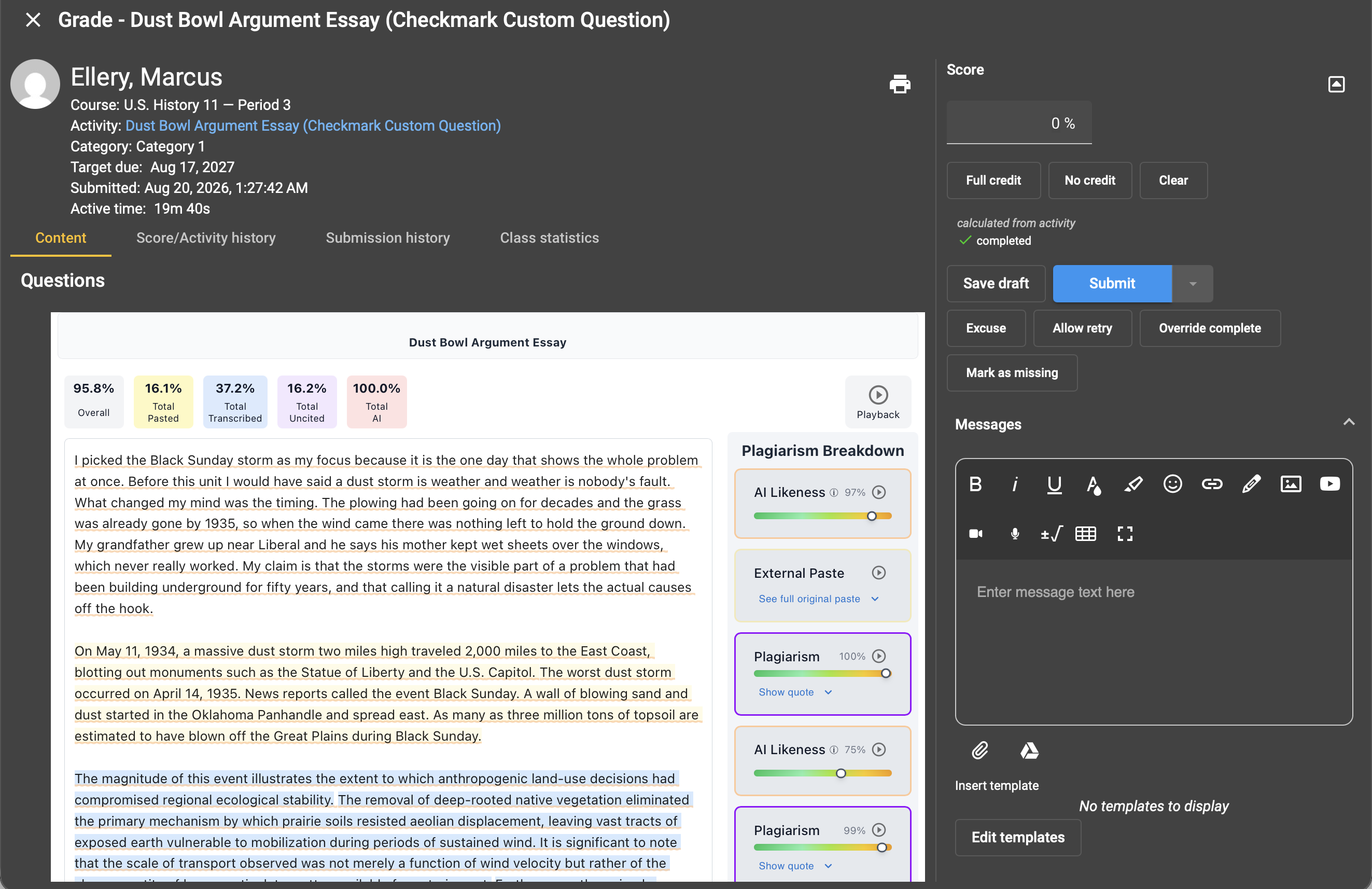 A Custom Question report in the Buzz grading view showing pasted, transcribed, uncited and AI tiles