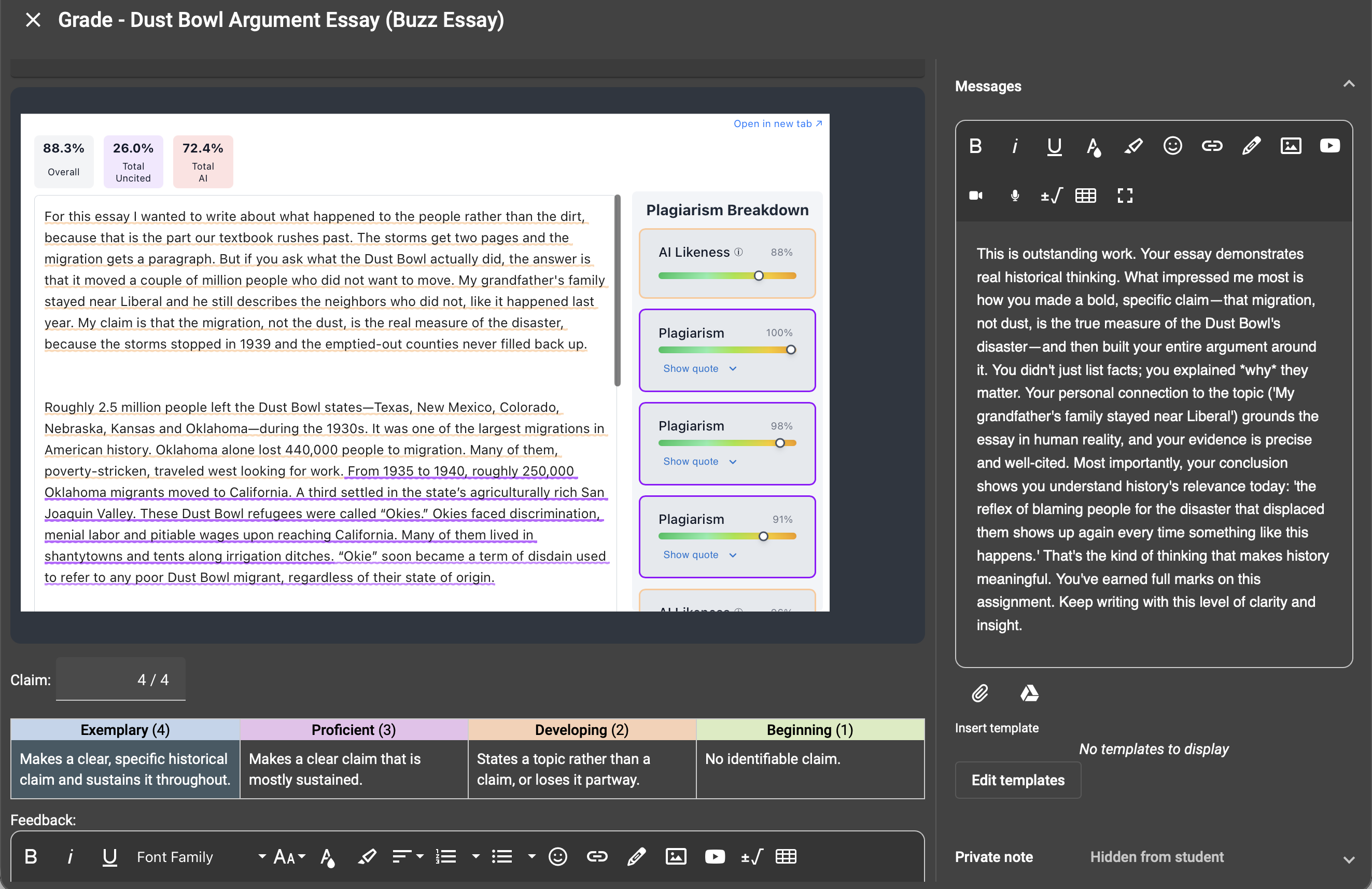 A Checkmark report under a native Buzz essay question, beside Buzz's own rubric