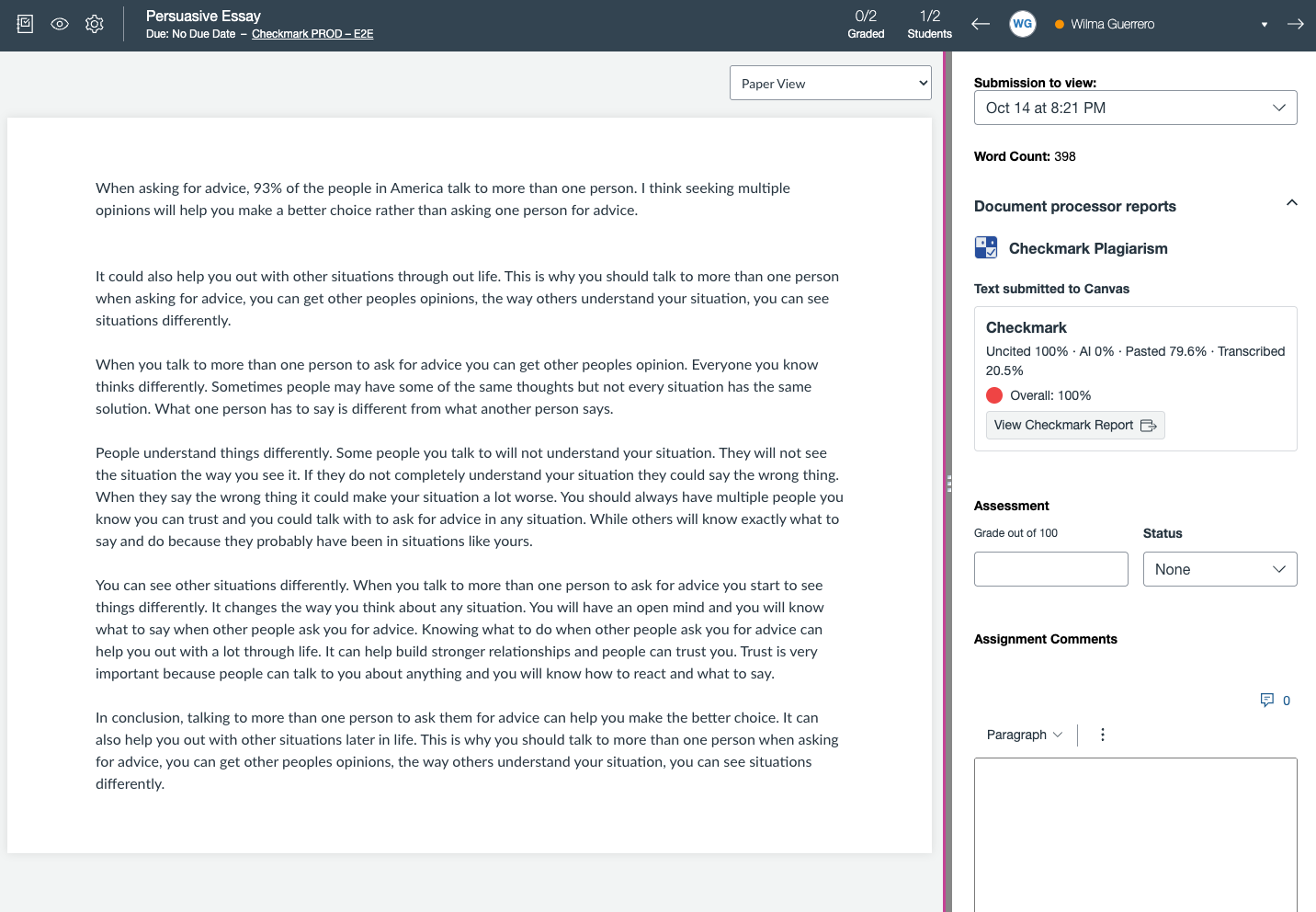 Canvas SpeedGrader with the Checkmark Plagiarism report card under Document processor reports