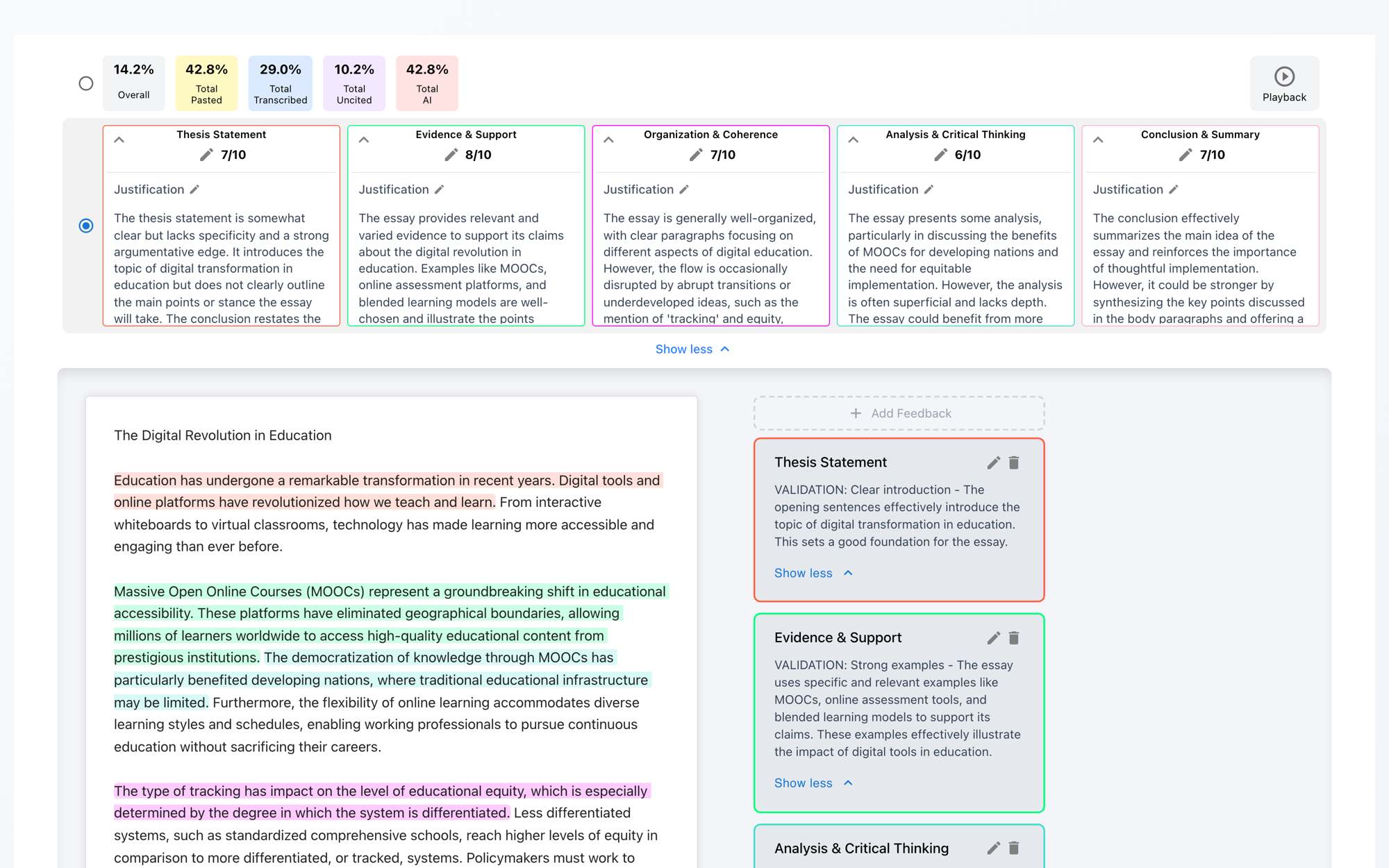 Checkmark grading view: per-criterion scores with written justifications, and quote-anchored feedback cards next to the essay