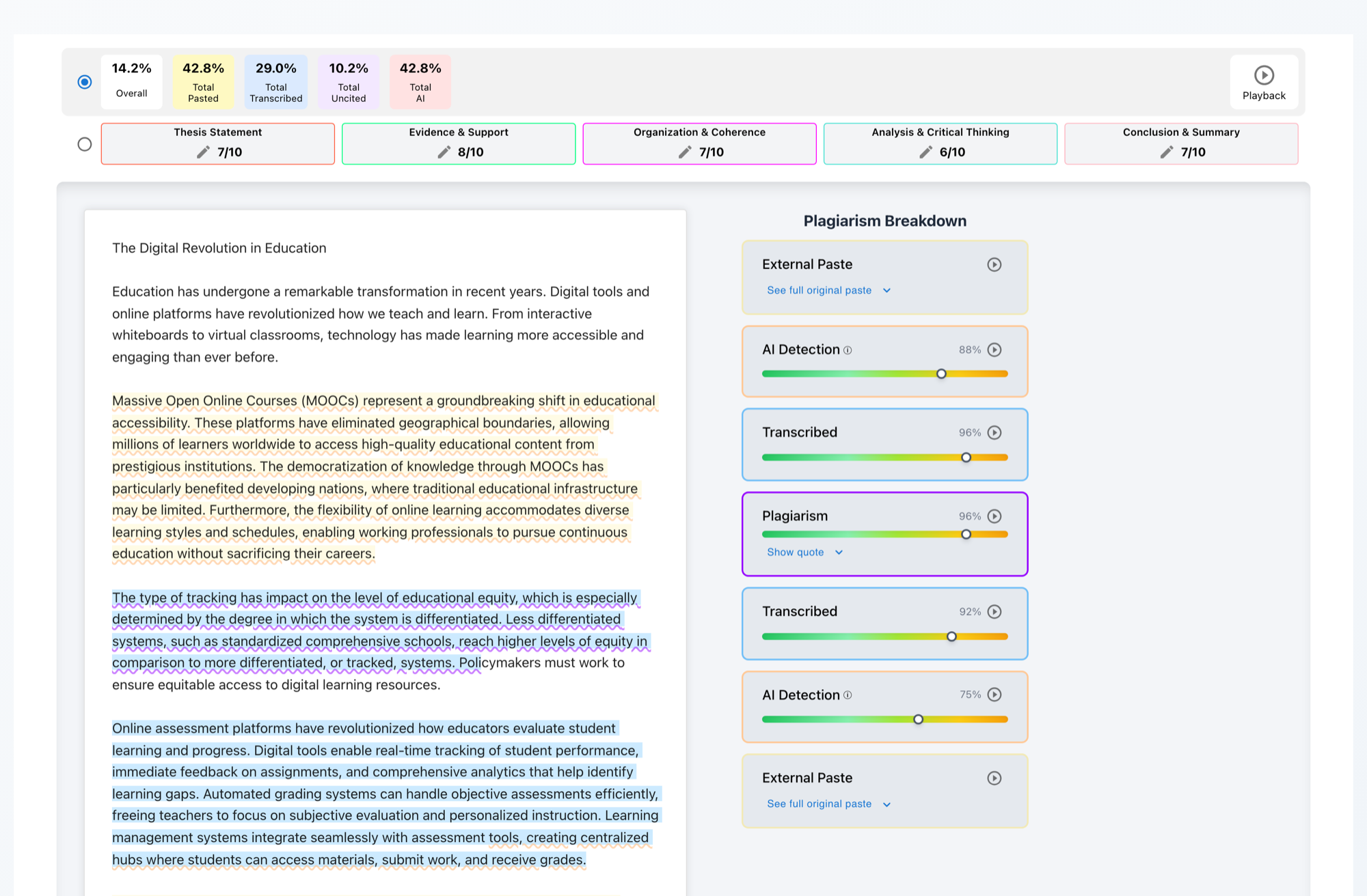 A real Checkmark report: originality tiles, autograder scores, highlighted essay, and the Plagiarism Breakdown sidebar