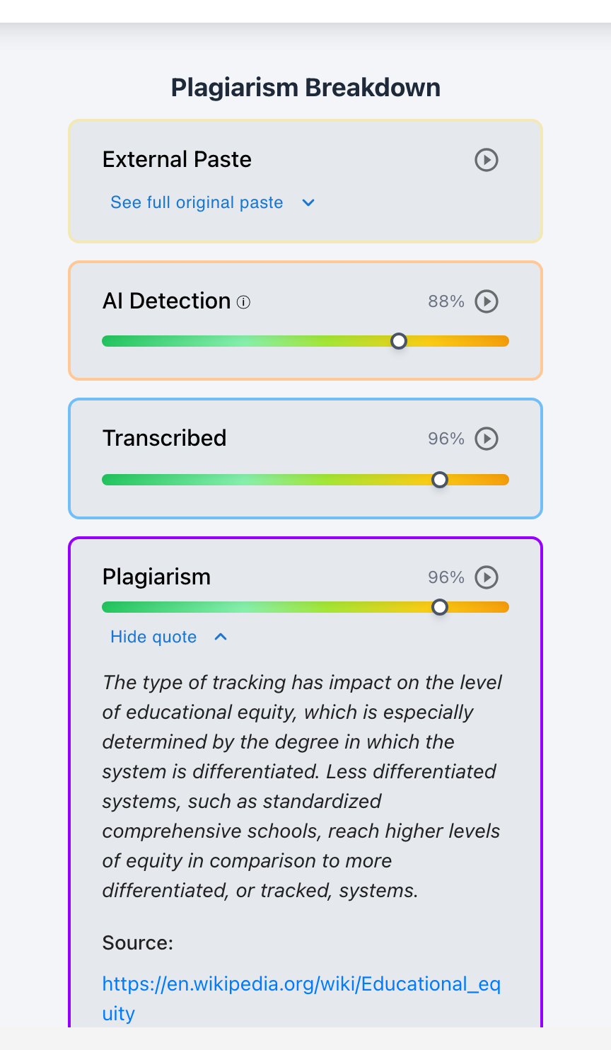 Plagiarism evidence card expanded to show the matched quote and its source link