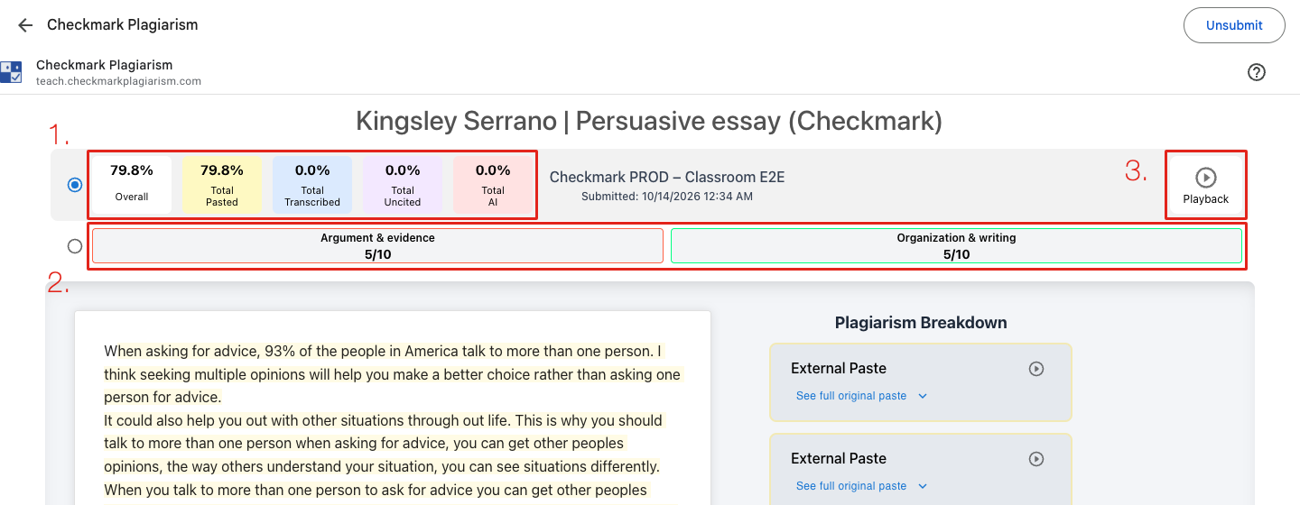 A student's Checkmark report in Classroom with the score tiles marked 1, rubric scores marked 2 and Playback marked 3