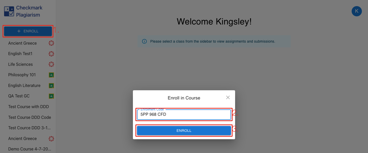 The Enroll in Course dialog with the Enroll button marked 1, the code marked 2 and the Enroll button in the dialog marked 3