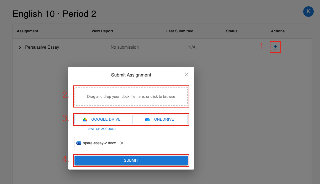 The Submit Assignment dialog with the upload arrow marked 1, the drop area marked 2, the Google Drive and OneDrive buttons marked 3 and Submit marked 4