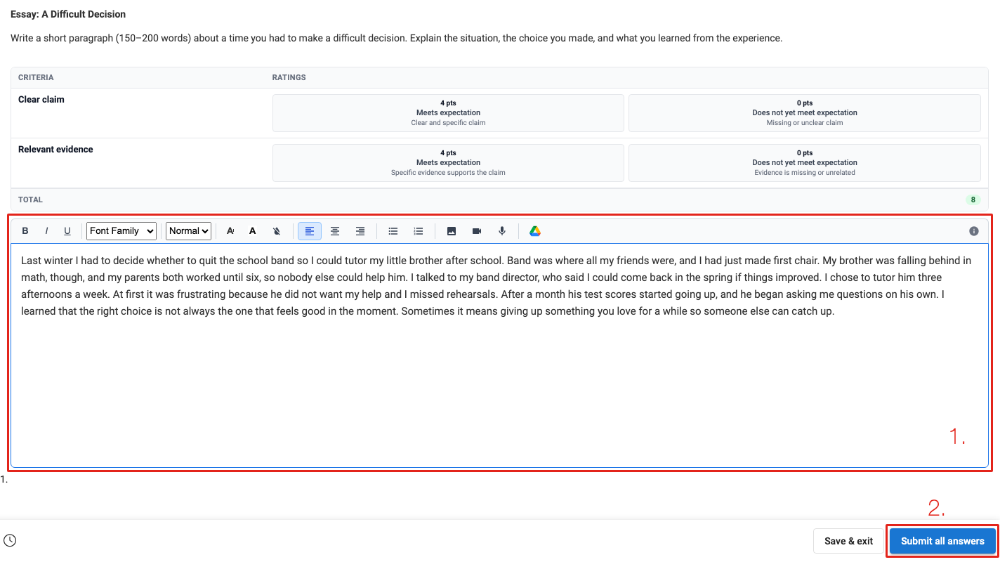A Buzz question with the Checkmark writing box marked 1 and the Submit all answers button marked 2