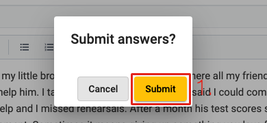 The Submit answers? dialog with the Submit button marked 1