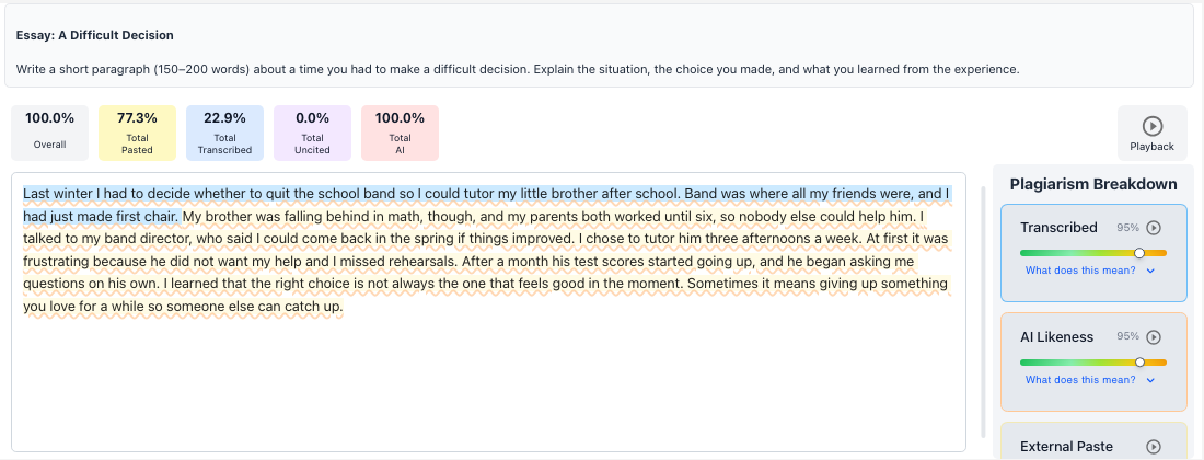 The student's Buzz question showing the Checkmark report: score tiles, the essay with highlights and the Plagiarism Breakdown