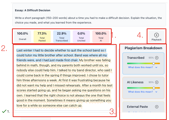 The Checkmark report in the Buzz grader with the score tiles marked 1, the highlighted essay marked 2, the Plagiarism Breakdown marked 3 and Playback marked 4