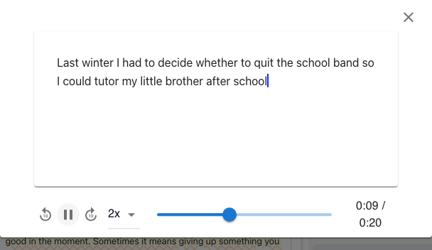 Playback partway through: the first sentence is being typed, with play, speed and timeline controls below