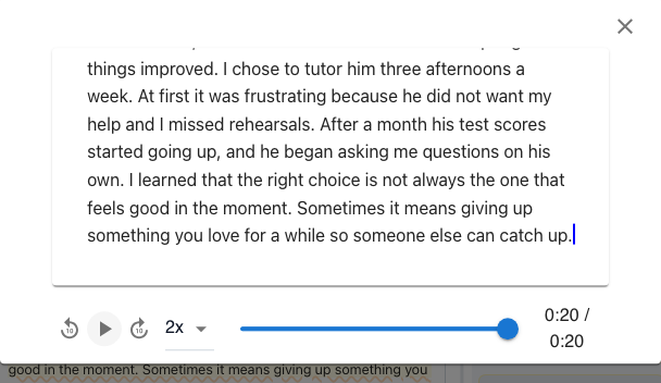 Playback at 0:20, one second after the typing stops: the rest of the essay appeared at once in a single paste
