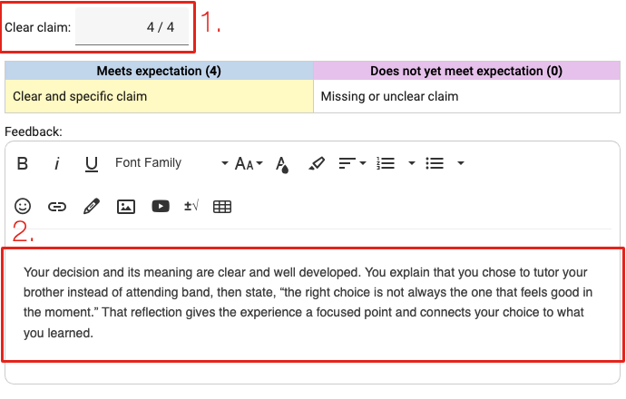 A Buzz rubric criterion scored 4 of 4, marked 1, with Checkmark's written feedback for it marked 2