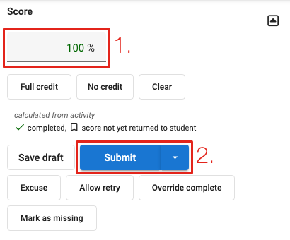 The Buzz score panel with the score of 100% marked 1 and the Submit button marked 2