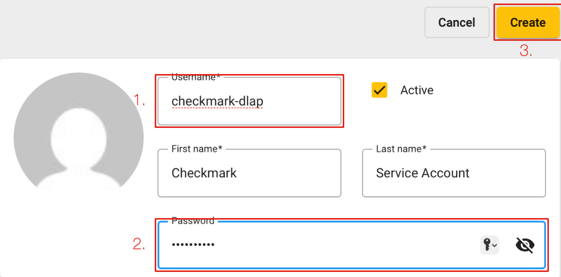 Buzz New user form with the username marked 1, the password marked 2 and Create marked 3