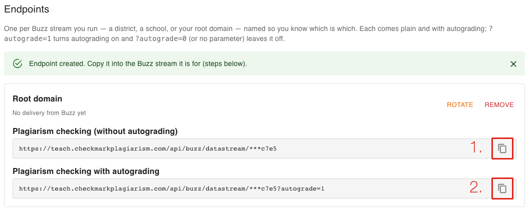 A saved endpoint named Root domain with its two URLs and their copy buttons marked 1 and 2