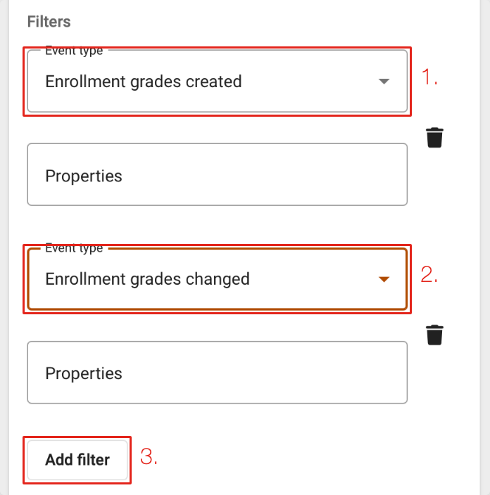 Two Buzz stream filters, Enrollment grades created marked 1 and Enrollment grades changed marked 2, with Add filter marked 3