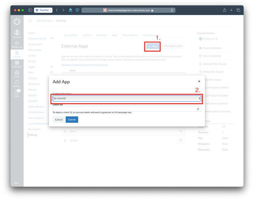 Adding Checkmark Plagiarism app with Client ID in Canvas