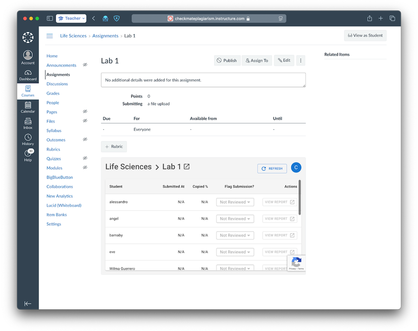 Teacher view of Checkmark Plagiarism in Canvas with full dashboard access