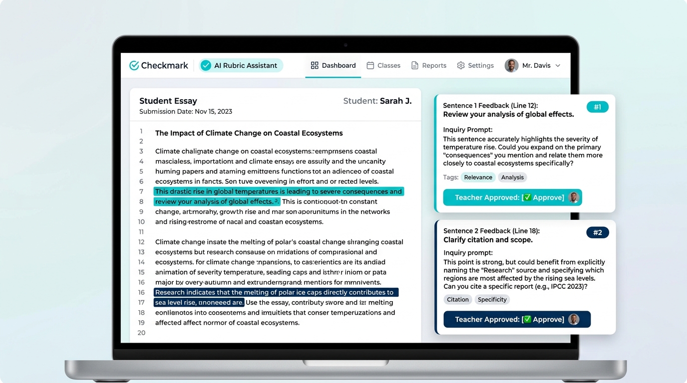 Checkmark Plagiarism Teacher-in-the-Loop AI Rubric Assistant Formative Feedback UI