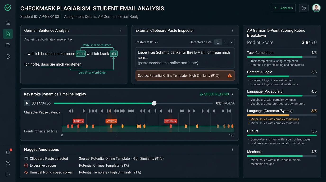 Checkmark Plagiarism German Writing Telemetry Dashboard analyzing subordinate clause syntax, keystroke replay dynamics, and AP German 5-point rubric grading