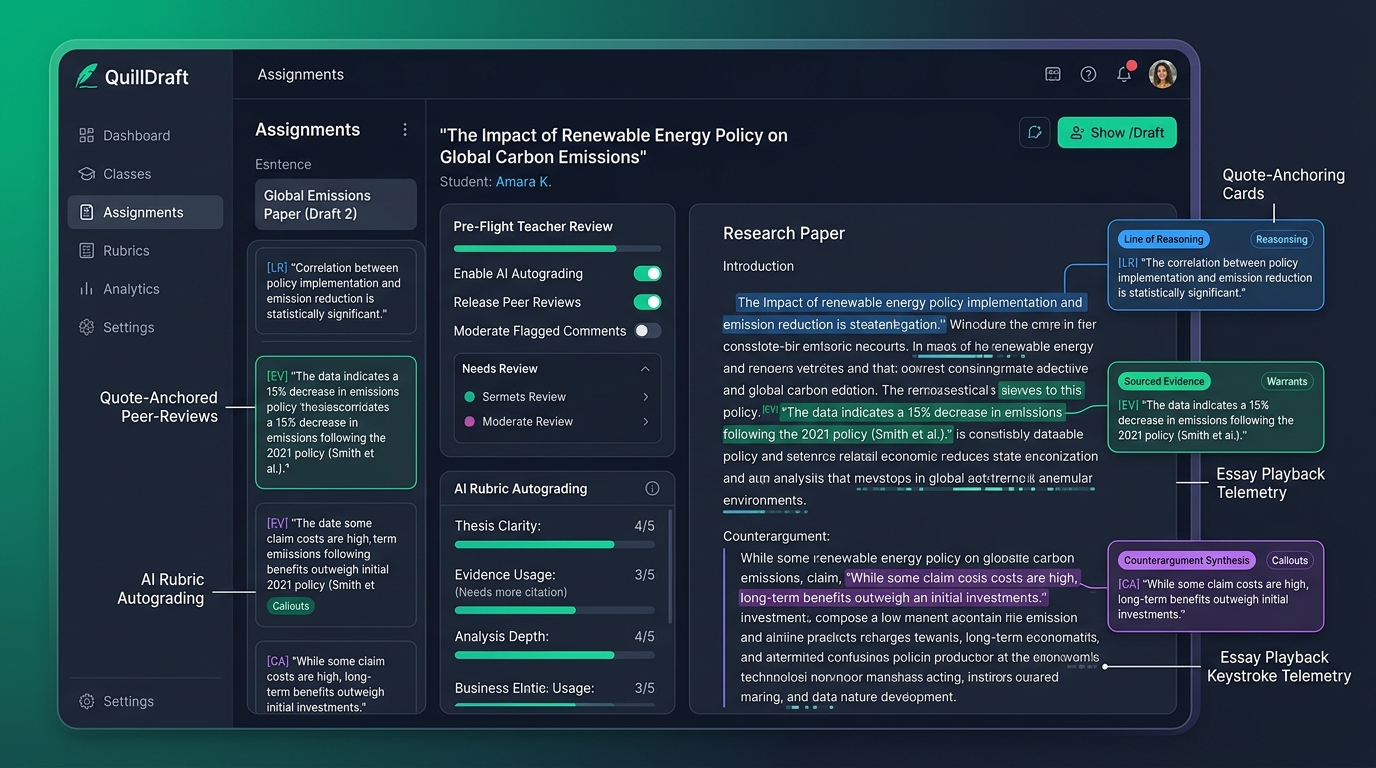 Checkmark Plagiarism Teacher-Controlled AI Rubric Autograding and Quote-Anchored Formative Peer-Review Dashboard