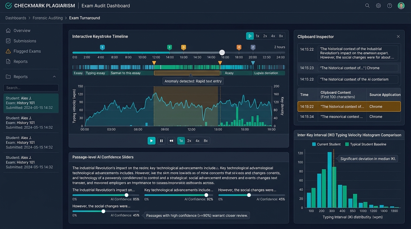Checkmark Plagiarism Exam Turnaround Time Audit Dashboard featuring keystroke timeline, paste buffer inspector, and typing velocity histogram
