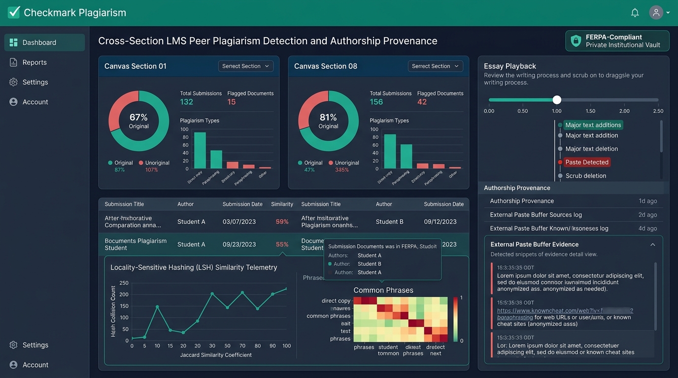 Checkmark Plagiarism Cross-Section LMS Peer Plagiarism Detection and Authorship Provenance Dashboard